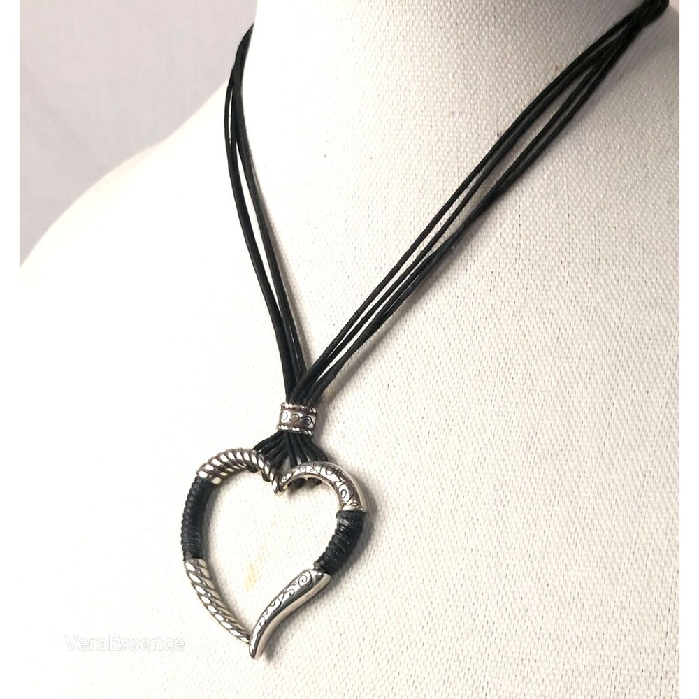 Brighton Heritage Large Heart Black Cord Silver tone Necklace signed 17"